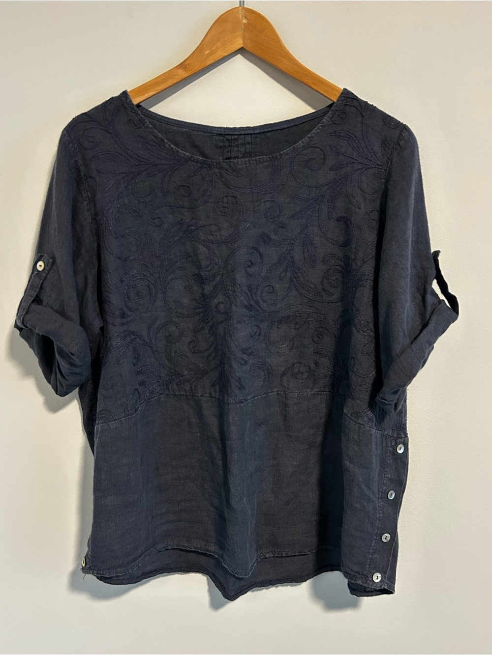 Made in Italy 100% Linen Embroidered Tunic Top Navy Blue, Size Medium